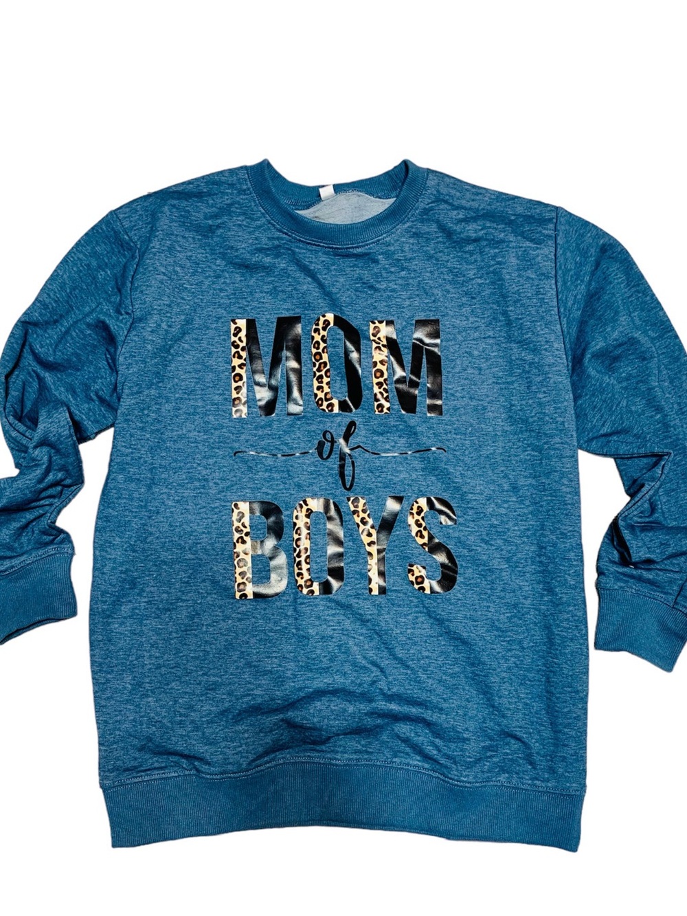 Mom of Boys Leopard Accent Sweatshirt - Teal Blue